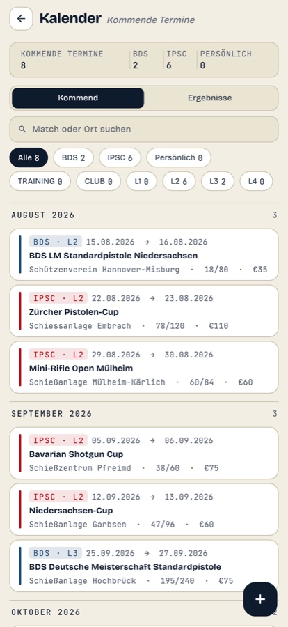 Wettkampfkalender mit anstehenden Terminen und Meldeschluss-Hinweis