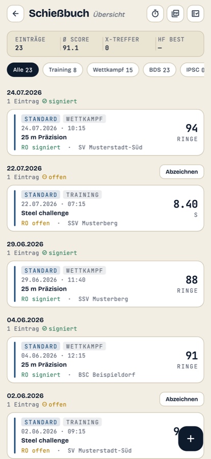 Schießbuch-Übersicht mit Einträgen nach Datum, Disziplin und Ringzahl